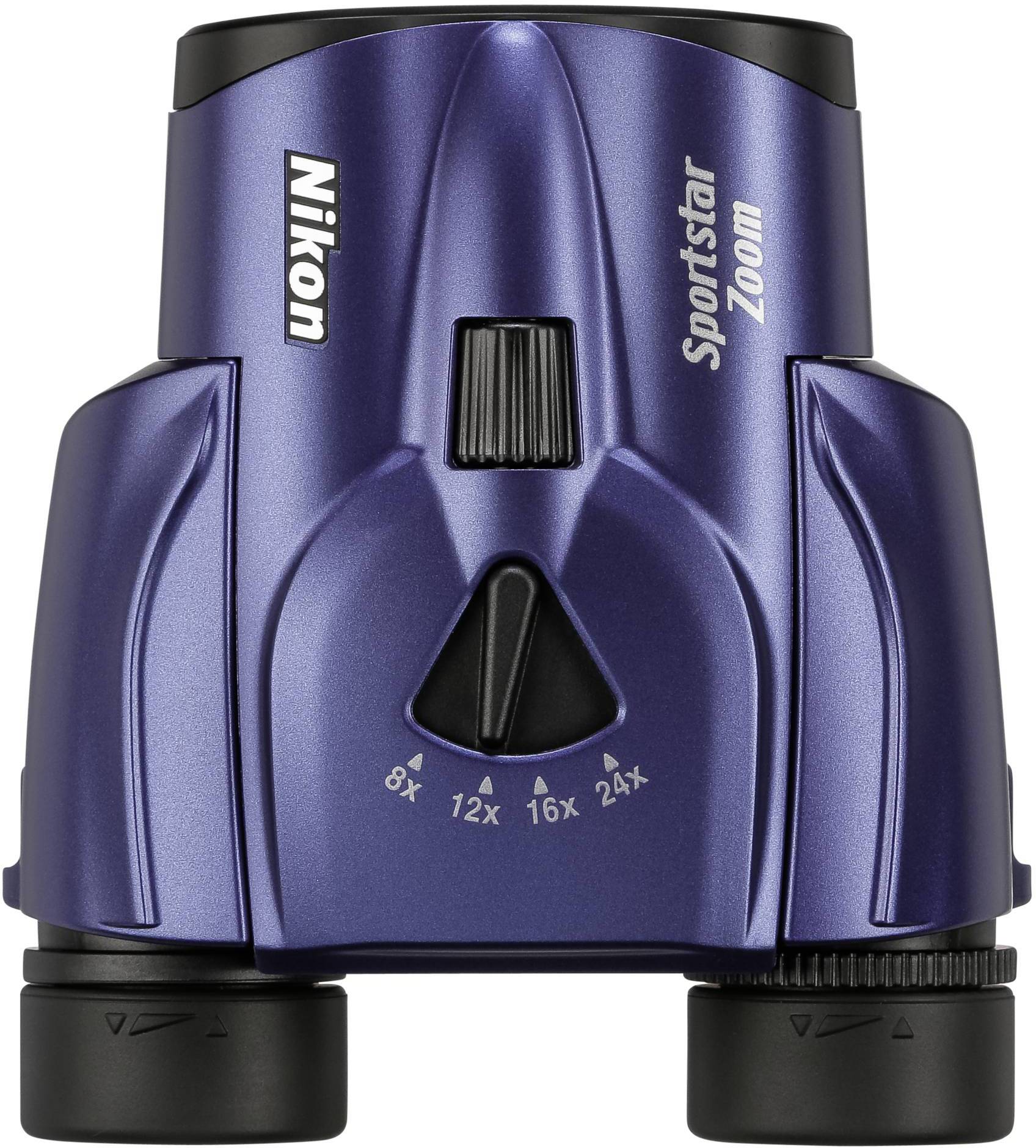 Modré Nikon SportStar zoomové ďalekohľady s nastaviteľným zoomom, so stupnicou od 8x do 24x, vhodné pre športové a outdoorové aktivity.