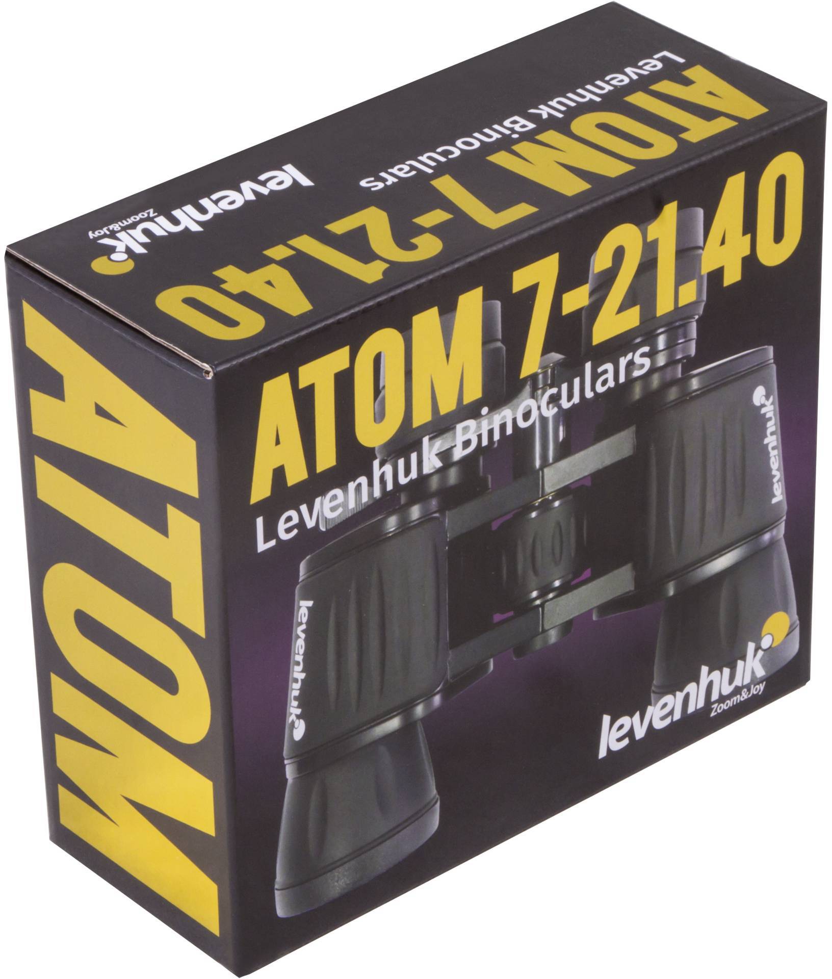 Obal ďalekohľadu Levenhuk, model 'ATOM 7-21x40', s vyobrazením ďalekohľadu a logom značky.
