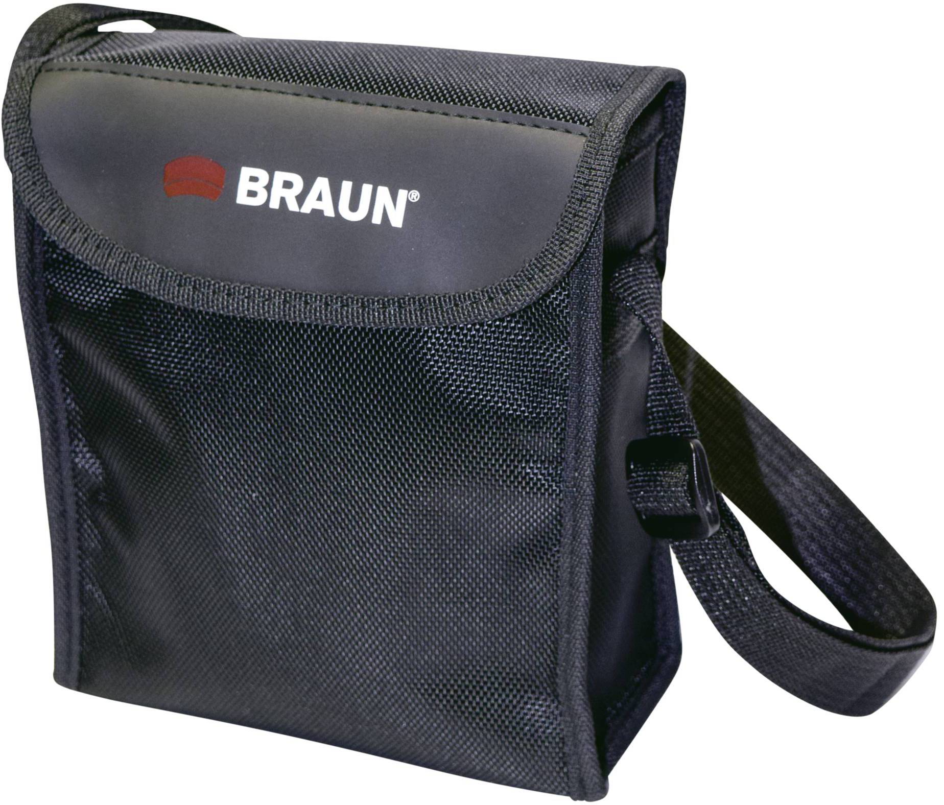Čierna taška s nastaviteľným popruhom cez rameno a logom 'BRAUN' na zatváraní.