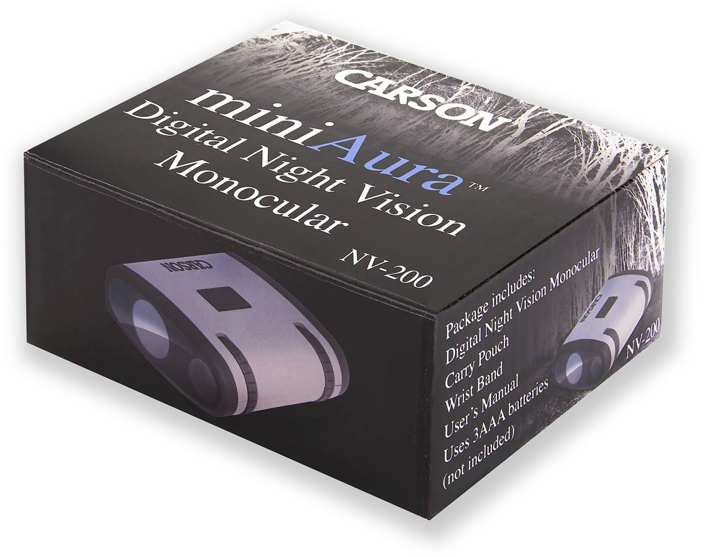 Obal 'Carson miniAura Digital Night Vision Monocular NV-200' zobrazuje čierne monokukárne zariadenie vhodné pre nočné pozorovanie.