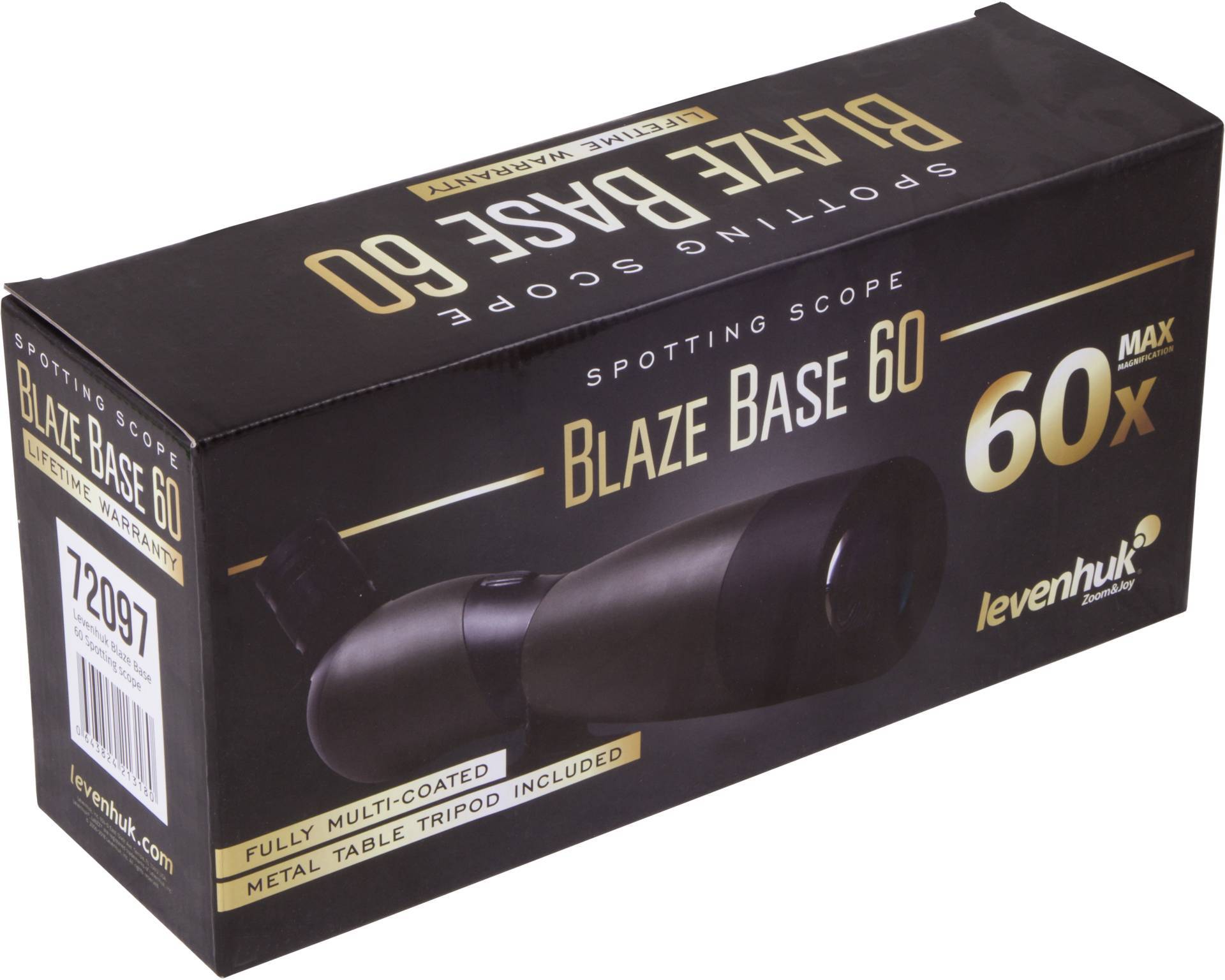 Balenie spektívu Levenhuk 'Blaze Base 60' s maximálnym zoomom 60x. Súčasťou balenia: plne pokovované šošovky a kovový stolový statív.