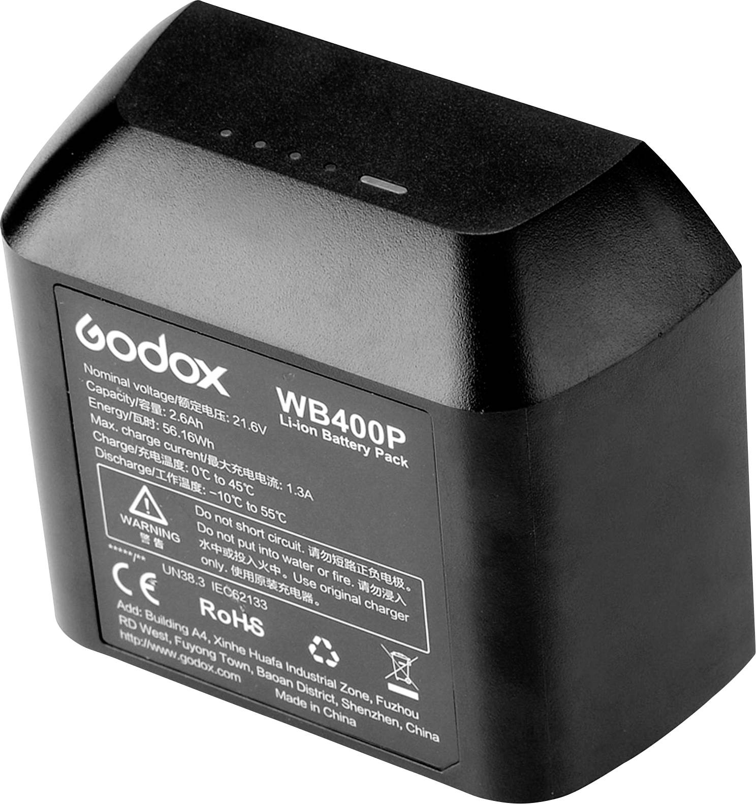 Čierny lítiovo-iónový akumulátor (model WB400P) od spoločnosti Godox. Technické údaje a bezpečnostné upozornenia sú vytlačené bielou farbou na prednej strane.