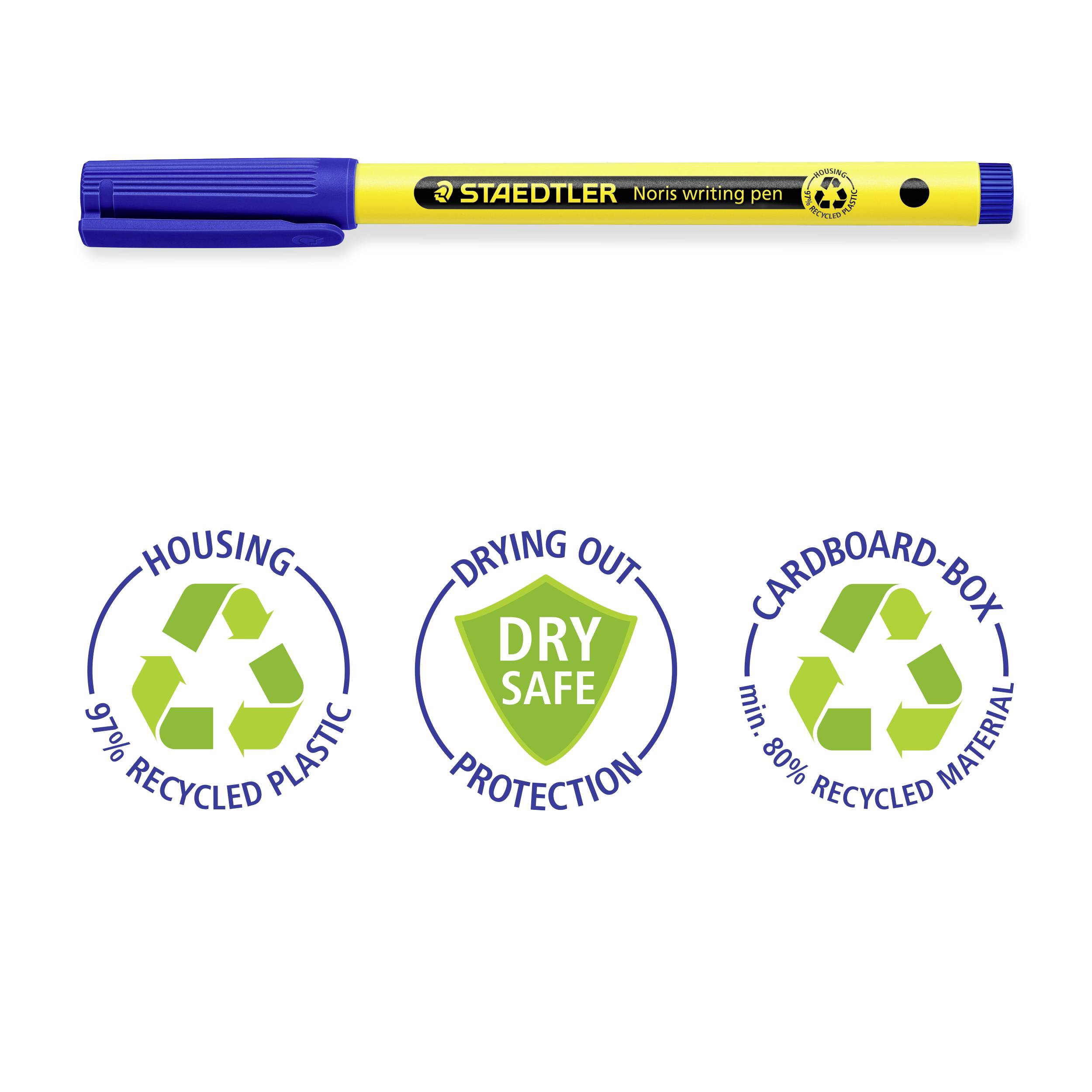 Žltý a modrý fix 'STAEDTLER Noris writing pen' hore; dole symboly recyklácie: puzdro 97%, odolné proti vysychaniu, kartón 80%.