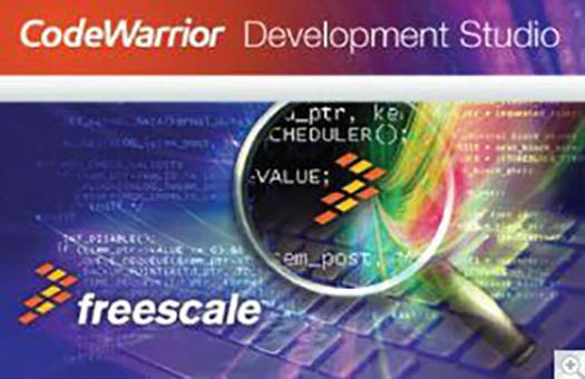 'CodeWarrior Development Studio' so zväčšeným výrezom kódu a logom 'freescale' v pozadí.