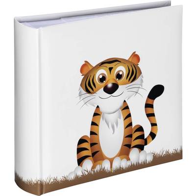 Detský fotoalbum s ilustrovaným, usmievavým tigrom na obale. Tiger má oranžové pruhy a sedí na tráve.
