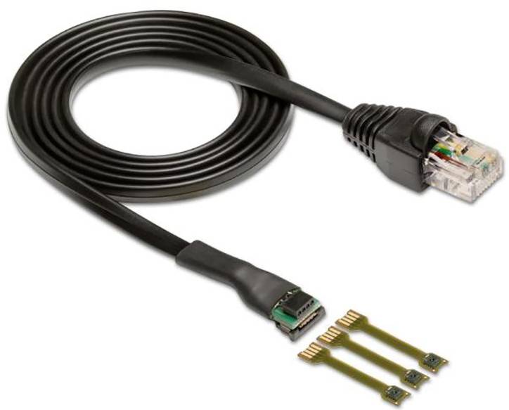 Čierne ethernetové sieťové káble s modulárnymi konektormi a odkrytými vodičovými koncami, vhodné pre elektrotechnické aplikácie.