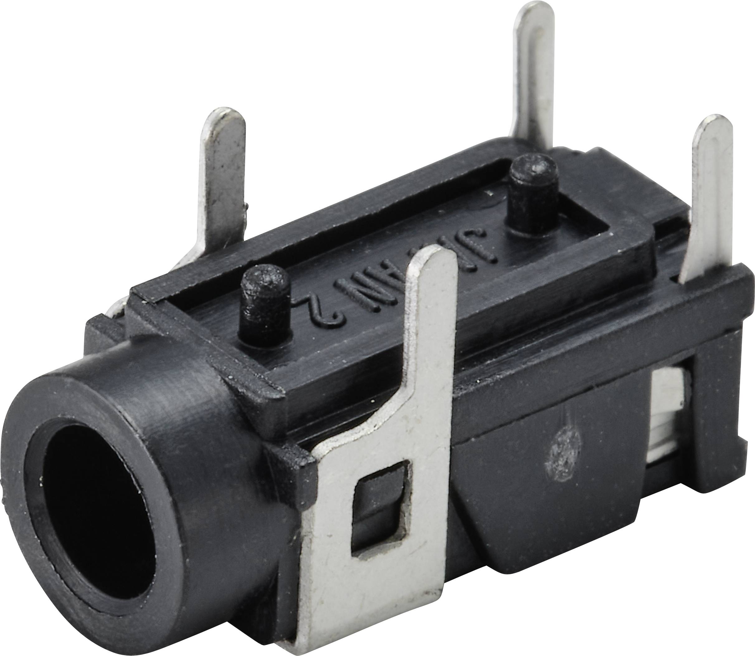 Čierny audio jack konektor s viacerými kovovými kolíkmi na pripojenie do audio zásuvky zariadenia.