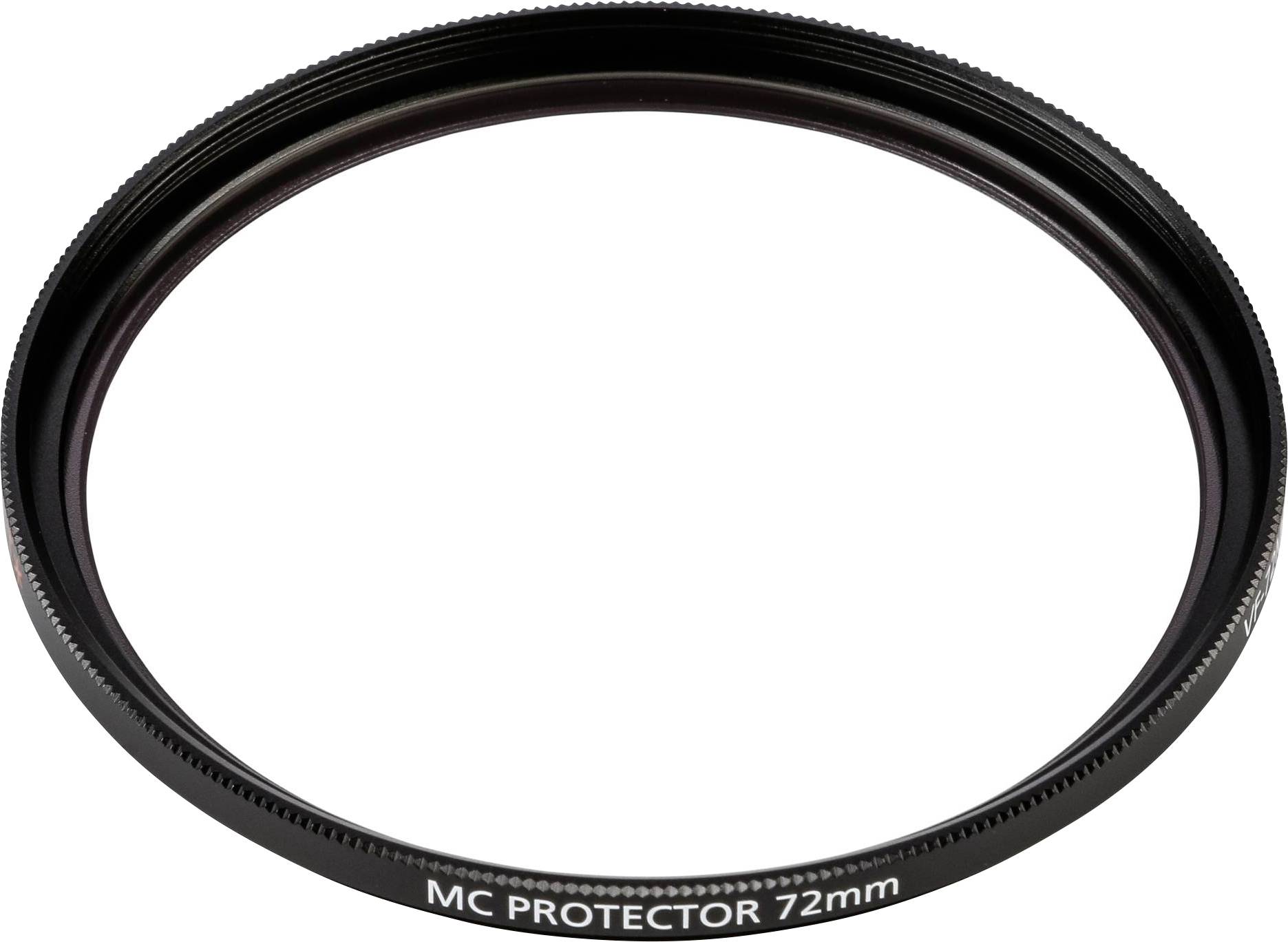 Čierny lesklý filter objektívu fotoaparátu s nápisom 'MC Protector 72mm'. Slúži na ochranu objektívu pred poškriabaním a prachom.