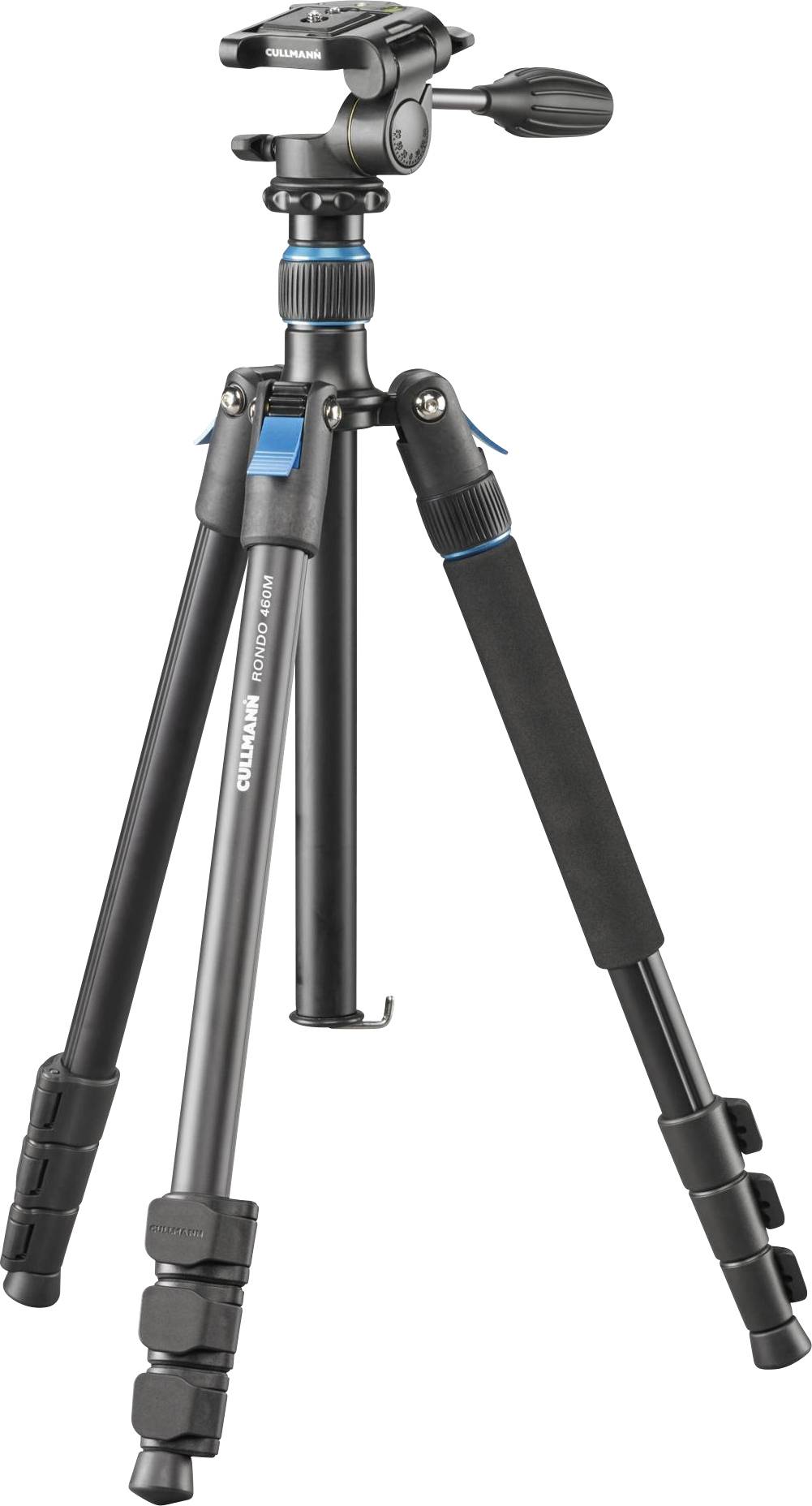 Čiernobiely statív s modrými akcentmi, nastaviteľnou výškou, gumenými rukoväťami a rýchloupínacími mechanizmami pre podporu fotoaparátu.