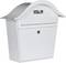Biely poštový box s oblúkovitou strechou a zámkom. Hore malá tabuľka s nápisom 'Model 190 White Point Safe box'.