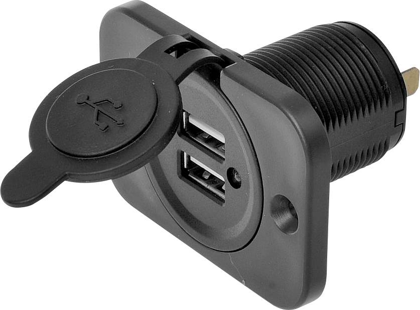 Dvojitý USB port v čiernom držiaku, určený na zabudovanie do zariadení alebo nábytku. Kryt s USB symbolom chráni konektory.