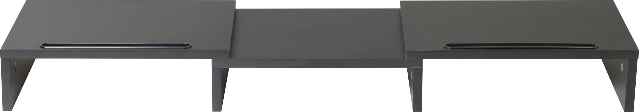 Tmavý, moderný nízky stolík s tromi doskami a minimalistickým dizajnom, vhodný do obývacej izby alebo kancelárskych priestorov.
