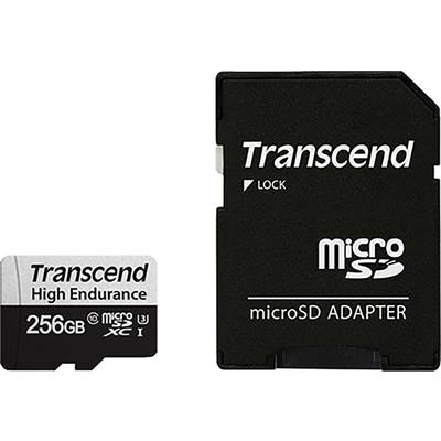 Transcendová microSD karta High Endurance s kapacitou 256 GB vedľa microSD adaptéra.