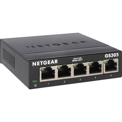 Sieťový prepínač 'NETGEAR GS305' s piatimi ethernetovými portami a LED indikátormi pre monitorovanie stavu.