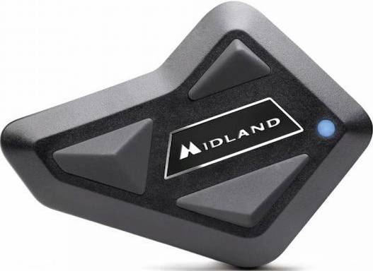 Čierne komunikačné zariadenie s nápisom 'Midland', trojuholníkovými tlačidlami a malým modrým LED displejom.