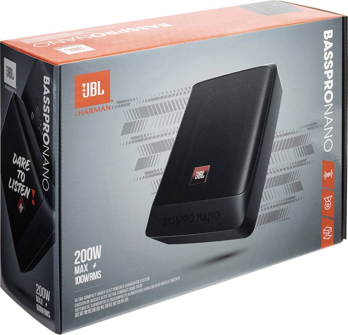 Balenie JBL BassPro Nano Subwoofera, 200W výkon, zobrazené s logom značky. Obsahuje text 'Dare to listen!' a technické špecifikácie.
