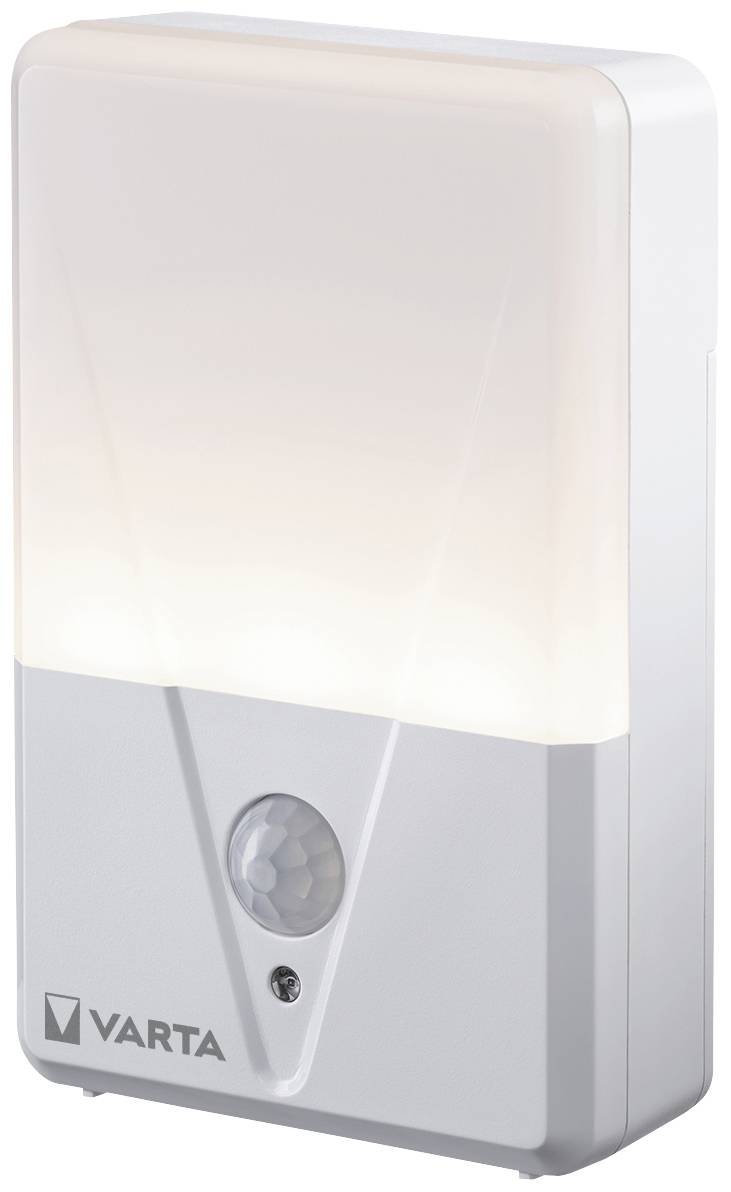 Biela nočná lampa s pohybovým senzorom, obdĺžnikový dizajn, polpriesvitný vrch, značka 'VARTA' v ľavom dolnom rohu.