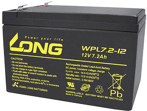 'Long' Batéria, Model WPL7.2-12, 12V, 7,2Ah. Utesnená, dobíjateľná, bezúdržbová. Výstražné upozornenia: Nespaľovať alebo neottvárať. Recyklovateľná.