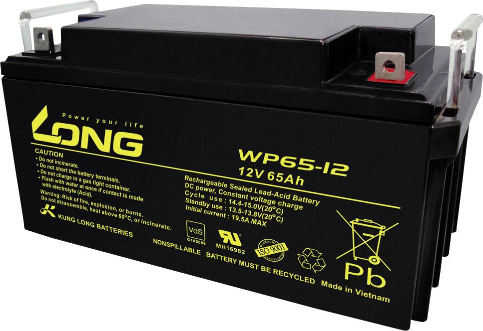 Nabíjateľná olovená batéria 'WP65-12', 12V 65Ah, čierne puzdro, žltý nápis. Výrobca: Kung Long Batteries.