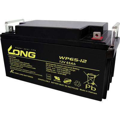 Nabíjateľná olovená batéria 'WP65-12', 12V 65Ah, čierne puzdro, žltý nápis. Výrobca: Kung Long Batteries.