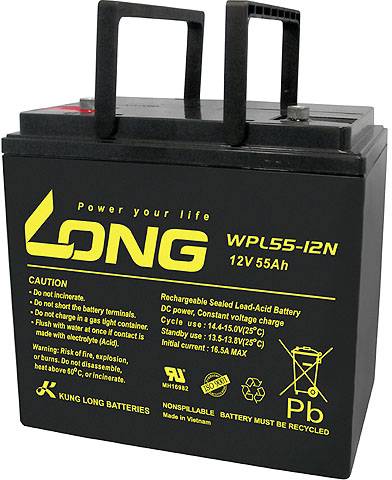 Čierna autobatéria s žltým logom 'Long'. Text na batérii popisuje kapacitu (12V 55Ah) a dôležité bezpečnostné pokyny.