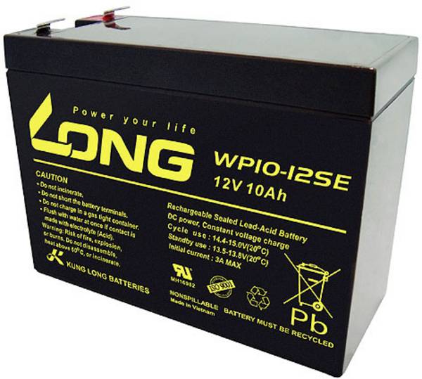 Long WP10-12SE WP10-12SE olovený akumulátor 12 V 10 Ah olovený so skleneným rúnom (š x v x h) 151 x 118 x 65 mm plochý konektor 6,35 mm  odolné proti viacerým cyklom, nebadateľné vybíjanie, bezúdržbová