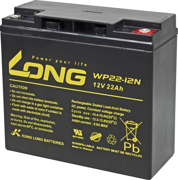 Long WP22-12N WP22-12N olovený akumulátor 12 V 22 Ah olovený so skleneným rúnom (š x v x h) 181 x 167 x 76 mm skrutkované M6 nebadateľné vybíjanie, bezúdržbová