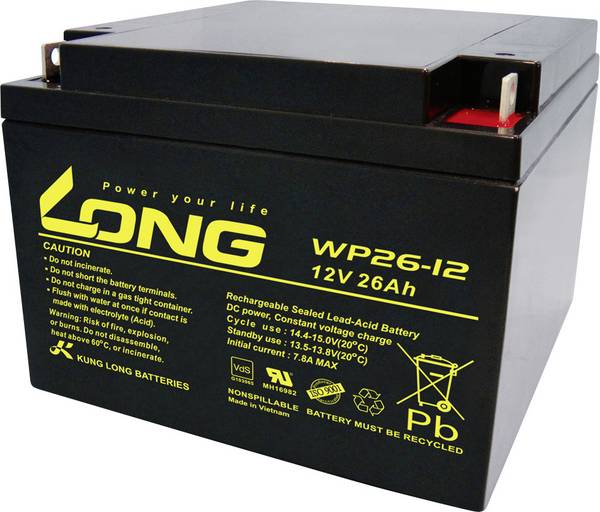 Long WP26-12 WP26-12 olovený akumulátor 12 V 26 Ah olovený so skleneným rúnom (š x v x h) 166 x 125 x 175 mm skrutkované M5  VDS certifikácia, nebadateľné vybíjanie, bezúdržbová