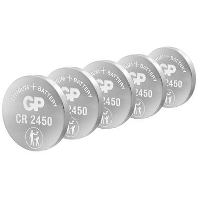 Päť naskladaných ultratenké lítiopové gombíkové články GP Ultra+ Lithium CR2450 na bielom pozadí.