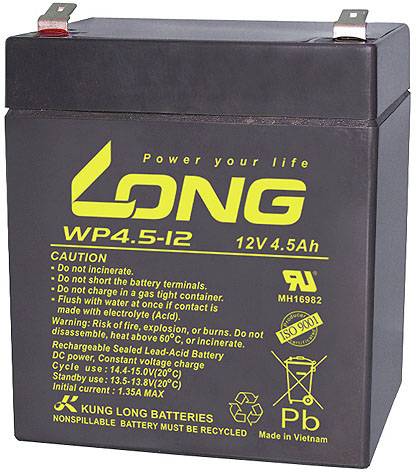 12V 4,5Ah olovená batéria so žltými potlačami: 'LONG WP4.5-12'. Výstražné a bezpečnostné upozornenia na prednej strane.