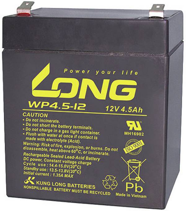 Long WP4.5-12 WP4.5-12 olovený akumulátor 12 V 4.5 Ah olovený so skleneným rúnom (š x v x h) 90 x 107 x 70 mm plochý konektor 4,8 mm nebadateľné vybíjanie, bezúdržbová