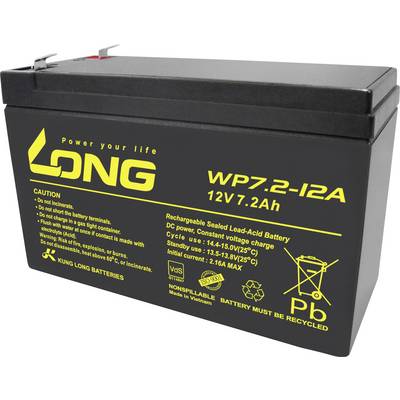 'Nabíjateľná olovená batéria 12V 7.2Ah, model WP7.2-12A od LONG. Obsahuje bezpečnostné upozornenia a špecifikácie pre bezpečné používanie.'