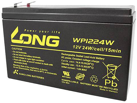 'WPI 224W' batéria od Long, 12V, 24W/článok. Nabíjateľná, oloveno-kyselinová. Upozornenie: Nevhadzujte do ohňa. Vyrobené vo Vietname.
