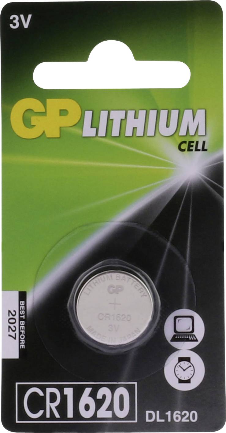 Balenie GP CR1620 3V lítiovo-gombíkovej články, zeleno-sivého dizajnu s nápisom „Ultra+" a „Longer lasting power".
