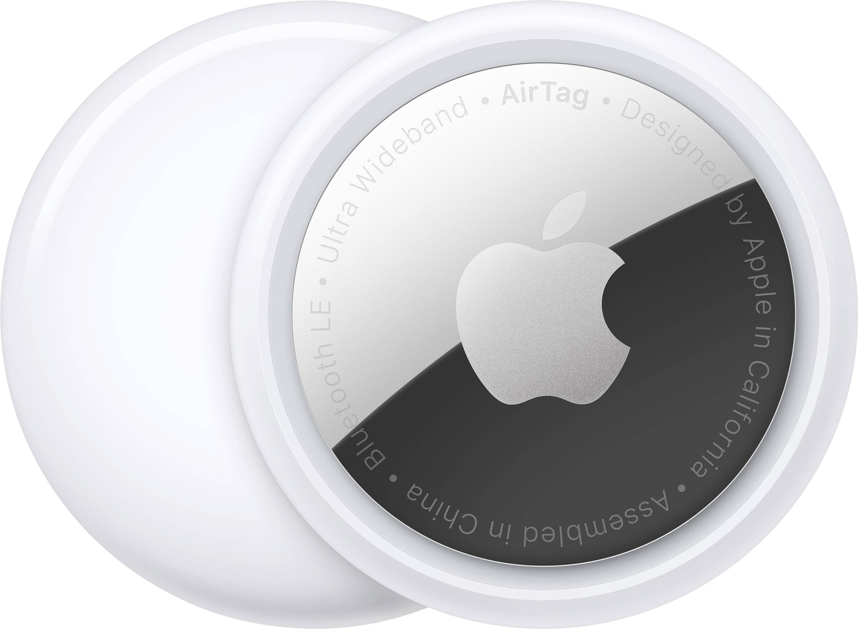 'Apple AirTag, okrúhle, biele, ploché zariadenie so strieborným logom uprostred, určené na vyhľadávanie predmetov pomocou Bluetooth.'