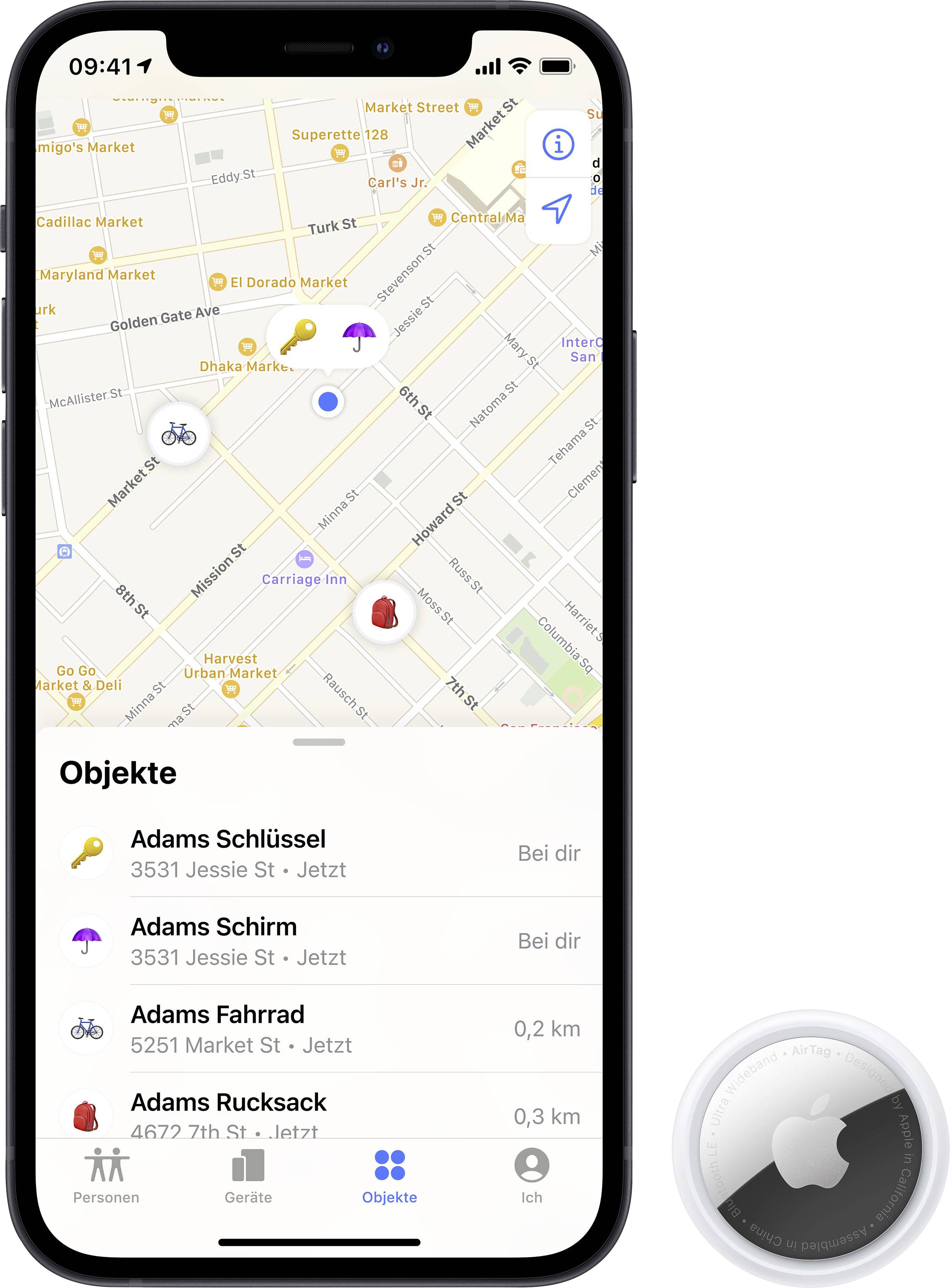 IPhone zobrazuje aplikáciu 'Kde je?' s mapou a polohami predmetov ako kľúče, dáždnik, bicykel a ruksak. Na obrázku je Apple AirTag.