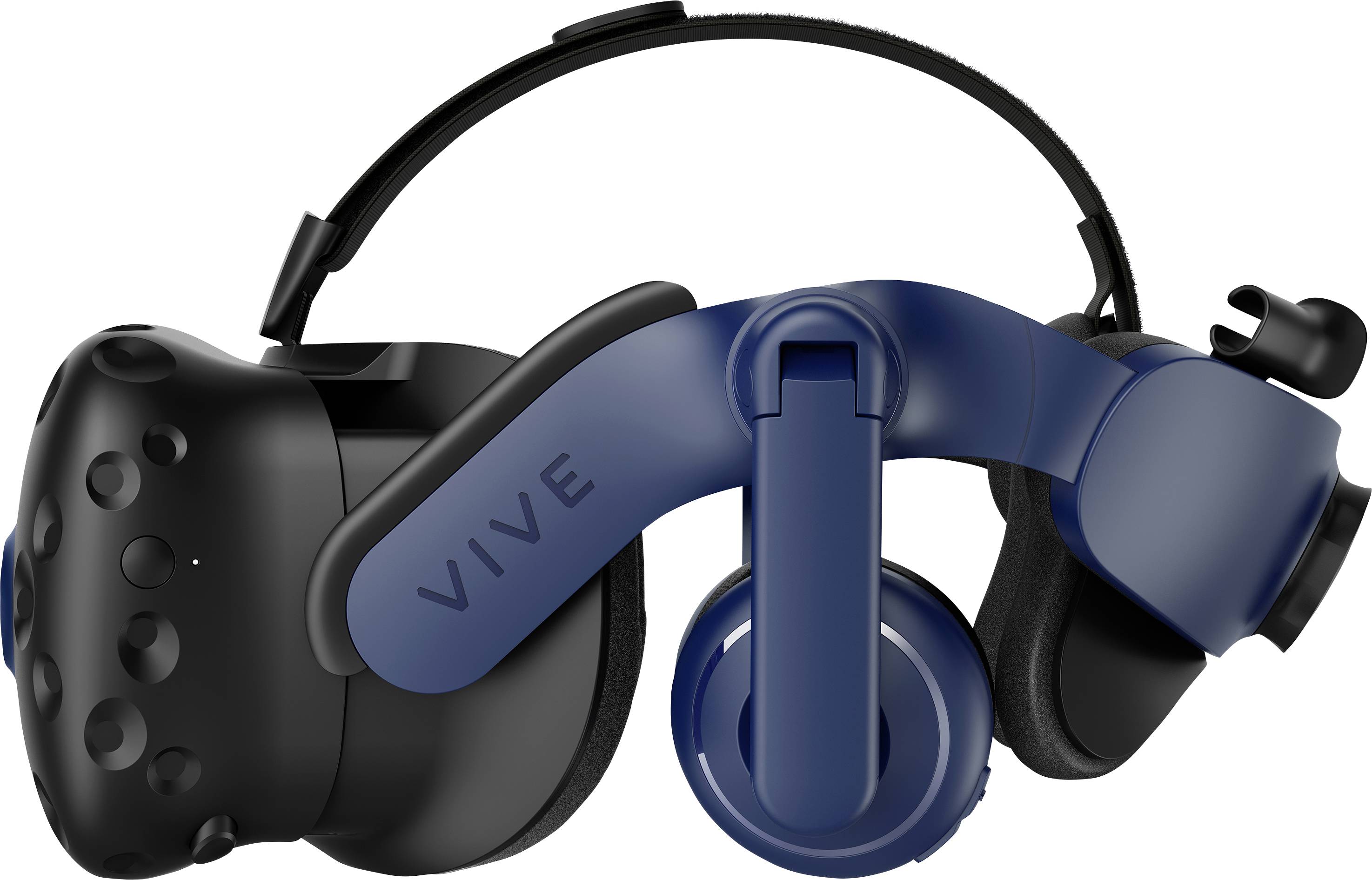 Čierne VR okuliare s modrými slúchadlami, ktoré sa používajú na ponorné virtuálne zážitky.