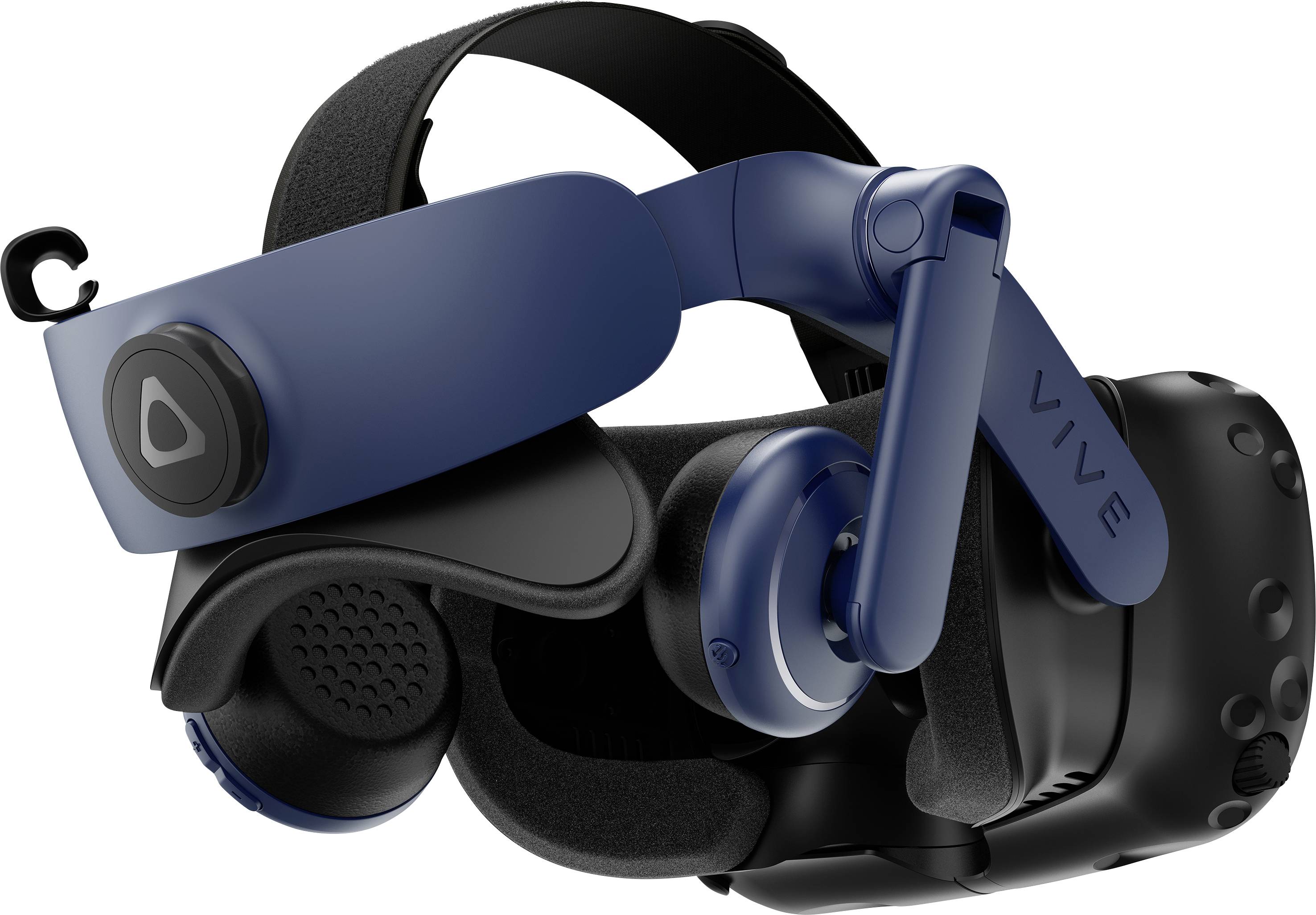 Čierna virtuálna realita headset s modrými akcentmi a nastaviteľným čelenkovým pásom leží na bielom pozadí.