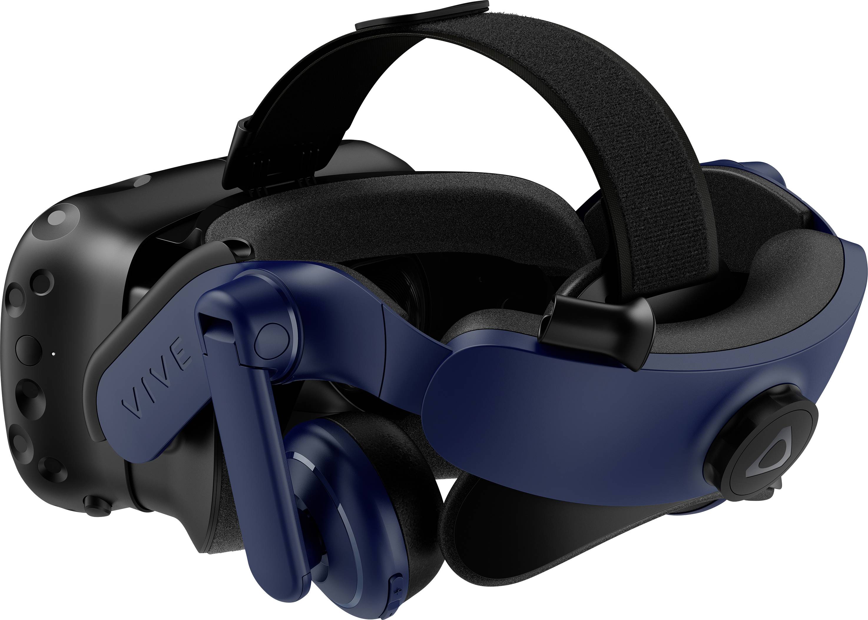 Virtuálna realita headset v čiernej a modrej farbe s nastaviteľným čelenkou a integrovanými slúchadlami.