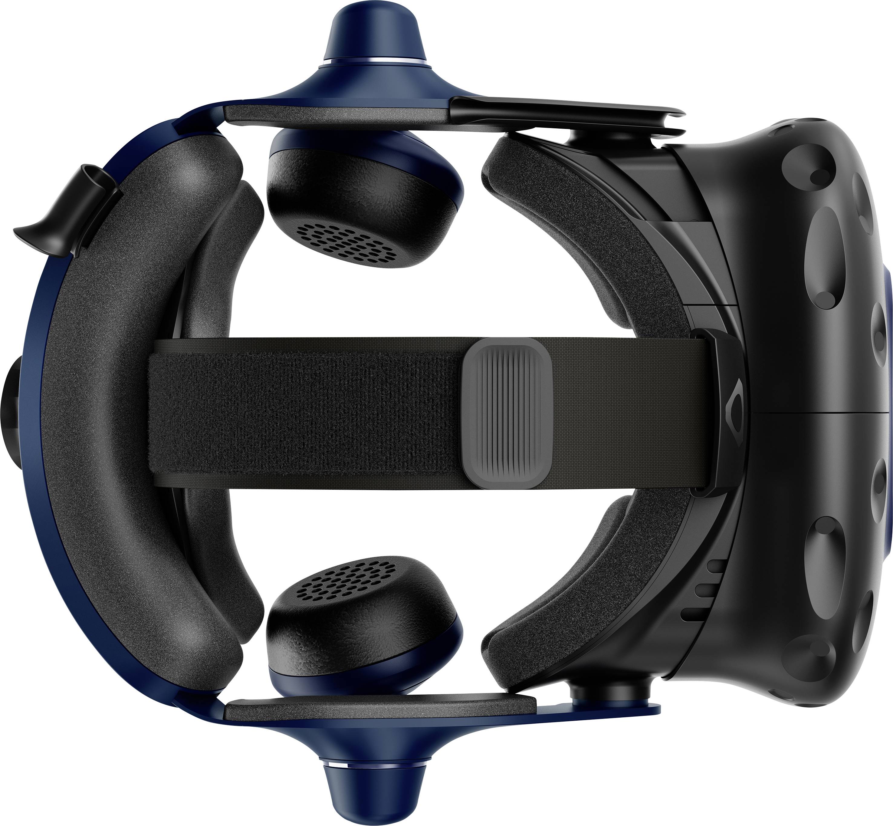 VR-headset z pohľadu zhora, zobrazujúci čalúnené čelové a hlavové pásy, integrované slúchadlá a senzory na prednej strane.