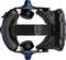 VR-headset z pohľadu zhora, zobrazujúci čalúnené čelové a hlavové pásy, integrované slúchadlá a senzory na prednej strane.
