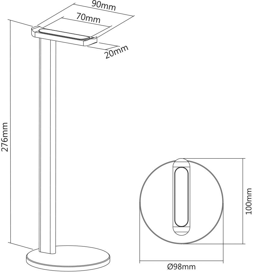 Stojacia lampa s obdĺžnikovou svietiacou hlavou, výška 276 mm, priemer základne 98 mm, veľkosť hlavy 90x20 mm, výška podstavca 100 mm, šírka hlavy lampy 70 mm.