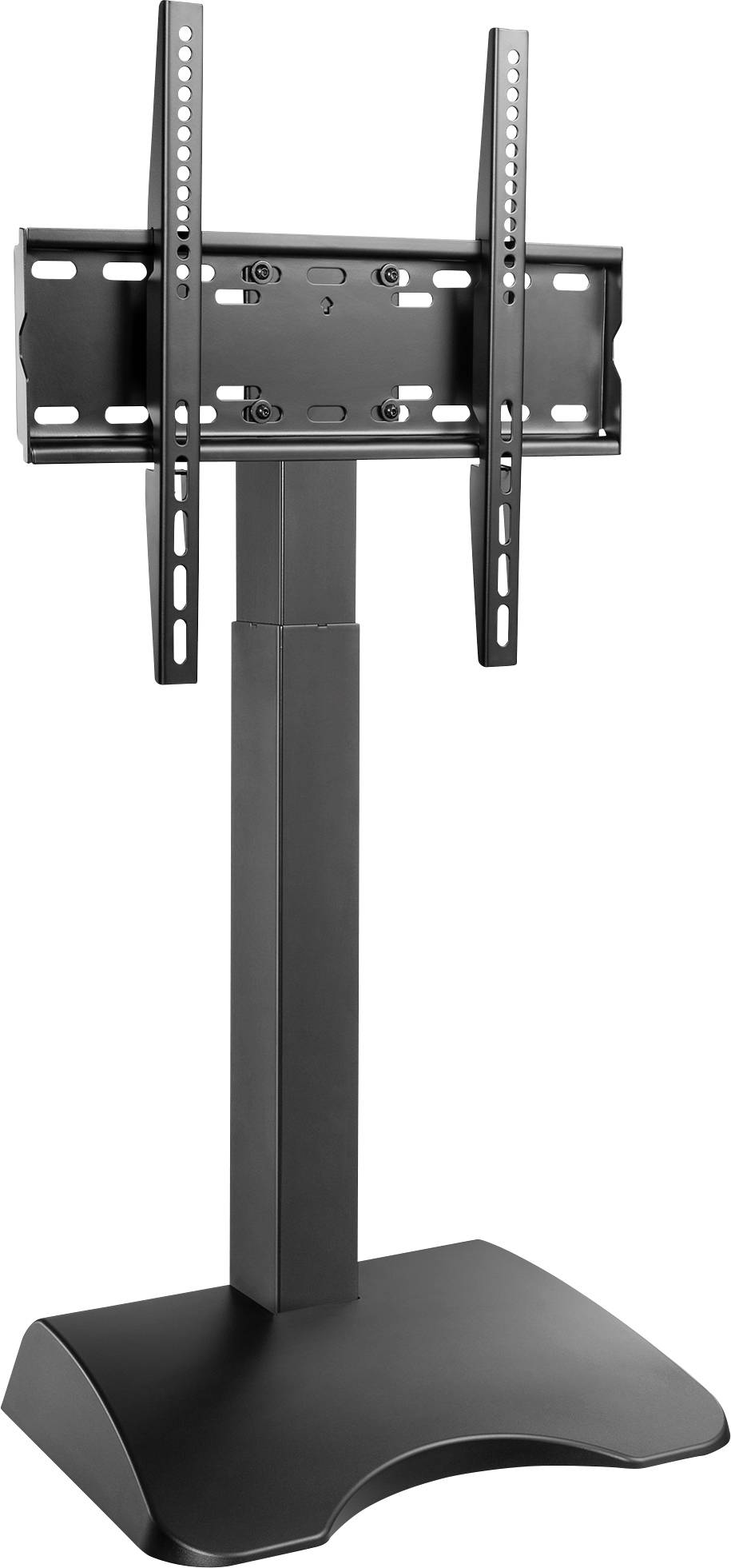Čierny TV stojan s nastaviteľnou výškou držiaka a stabilnou základňou, vhodný na umiestnenie plochých televízorov.