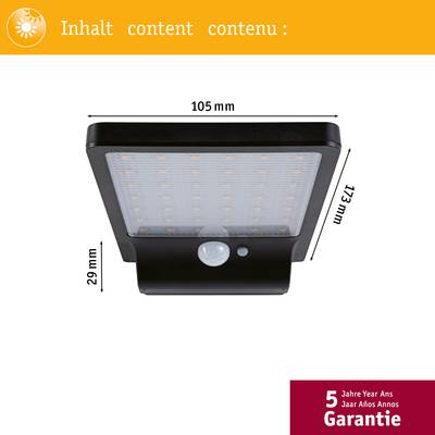 'LED senzorové svietidlo s rozmermi: 105 mm šírka, 173 mm výška, 29 mm hĺbka; 5 rokov záruky.'