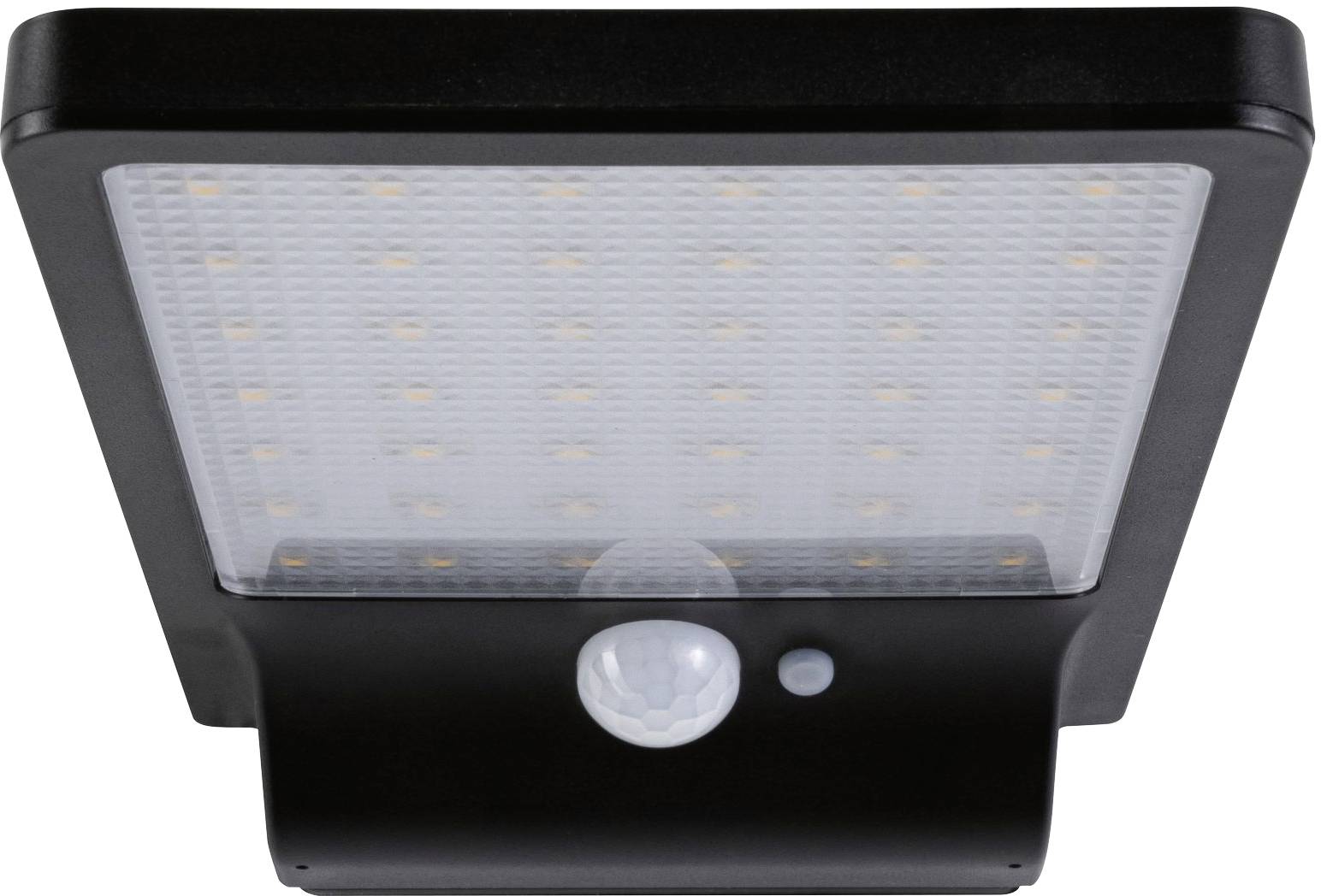 Obdĺžniková, čierna vonkajšia LED lampa so zabudovaným pohybovým senzorom, smerujúca nadol.