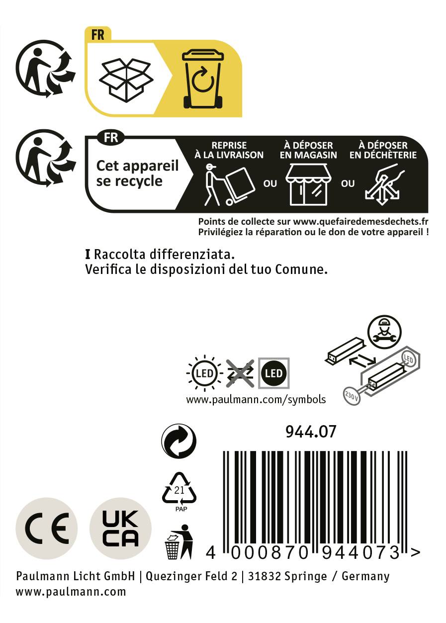 Etiketa zobrazuje recyklačné informácie zariadenia vo francúzštine a taliančine vrátane webovej stránky pre ďalšie podrobnosti.