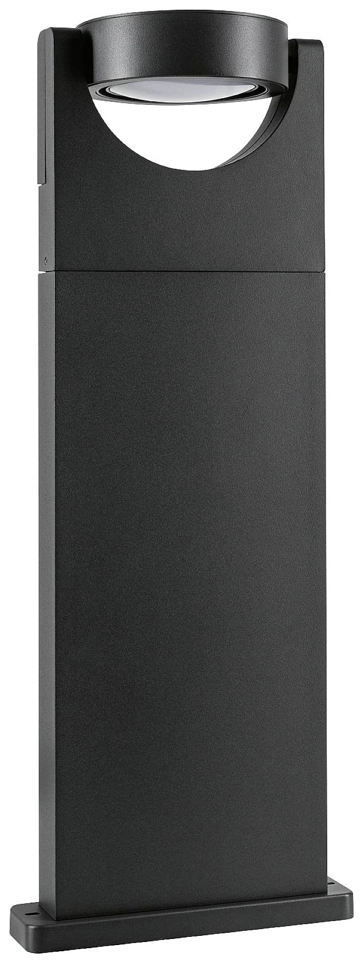 Čierne moderné vonkajšie svietidlo s obdĺžnikovým podstavcom a guľatým svetelným krytom, vhodné pre osvetlenie záhrady alebo chodníka.