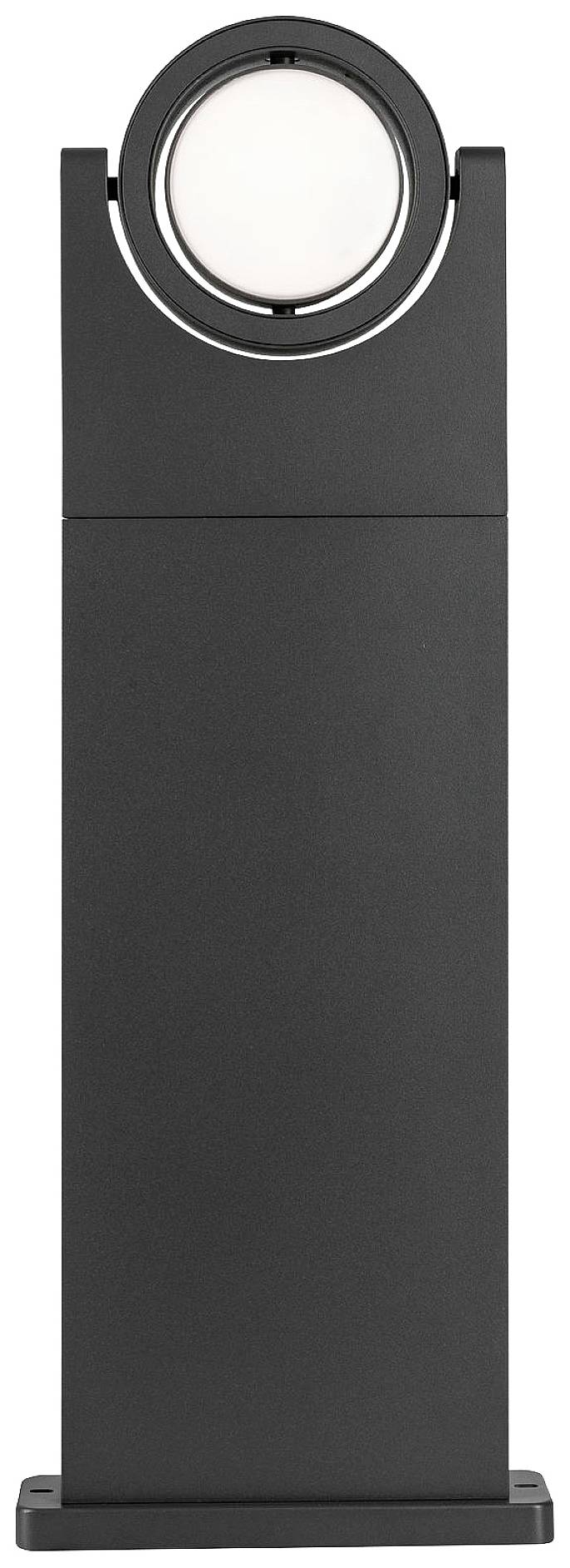 Čierne vonkajšie svietidlo v modernom dizajne, s valcovitým telesom a bielym svetelným zdrojom hore, vhodné pre osvetlenie chodníkov.