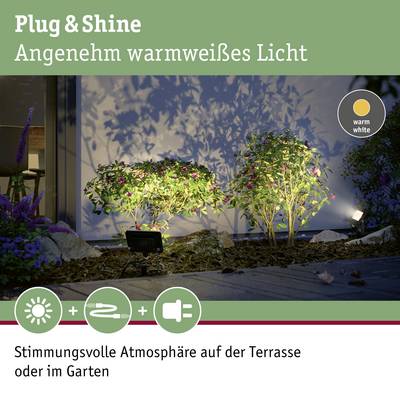 Plug & Shine záhradné osvetlenie s teplým bielym svetlom pre útulnú atmosféru na terase alebo v záhrade.