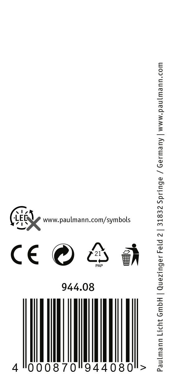 'Paulmann Licht GmbH' čiarový kód s označením CE, symbolom recyklácie a URL webovej stránky. Kód produktu: 944.08.